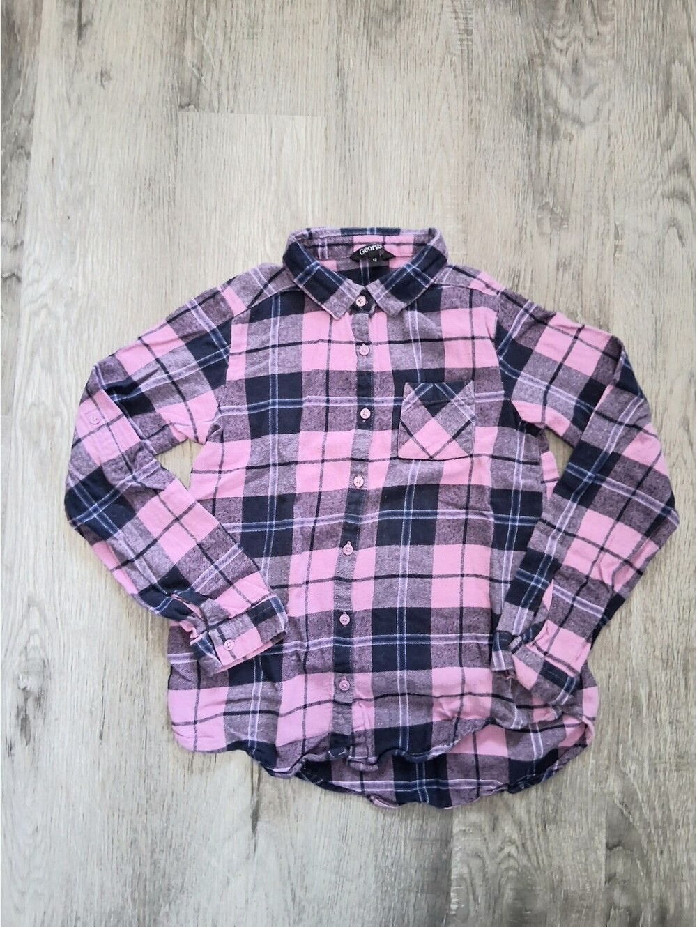 George Size Girls Size 12 Pink & Blue Plaid Long Sleeve Flannel Button Up Shirt